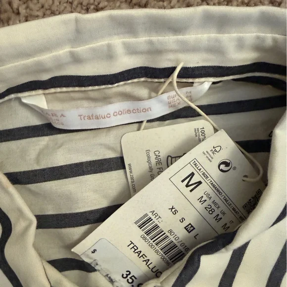 Zara Button Shirt Women size Medium Black Stripe Collar Short Sleeve Top - Picture 7 of 8